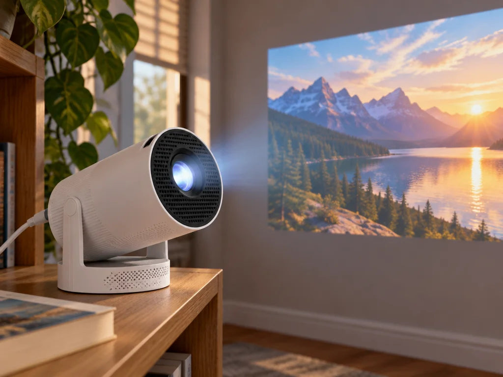 A close three-quarter photograph of the exact compact white HY300 Ultra projector on a narrow wooden